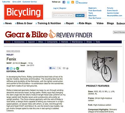 Ridley Fenix bike review in bicycling.com Review of Ridley Fenix road/cross bike in bicycling.com