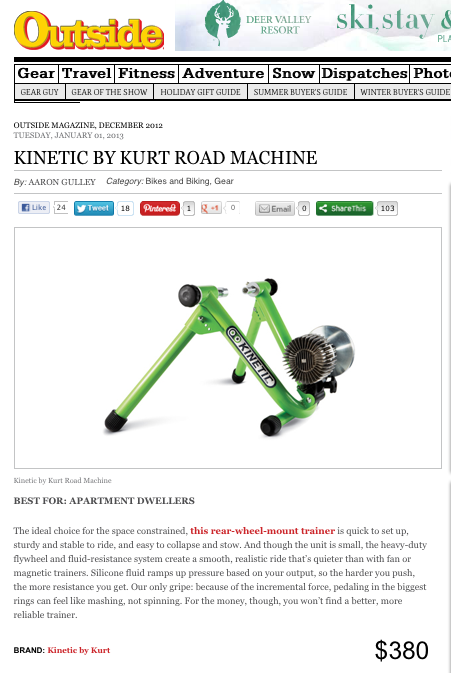 Road Master bike trainer in Outside Magazine Kinetic Road Master bike trainer in Outside Magazine
