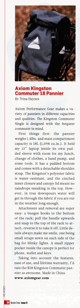 Kingston bike pannier review in Bicycle Times magazine