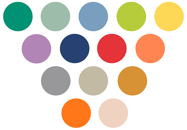 Pantone palette of spring colours including dusk blue, monaco blue, grayed jade, and eleven others.