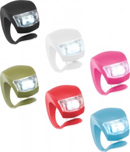 Silicone bike lights in black, green, white, red, pink, and blue, by Knog
